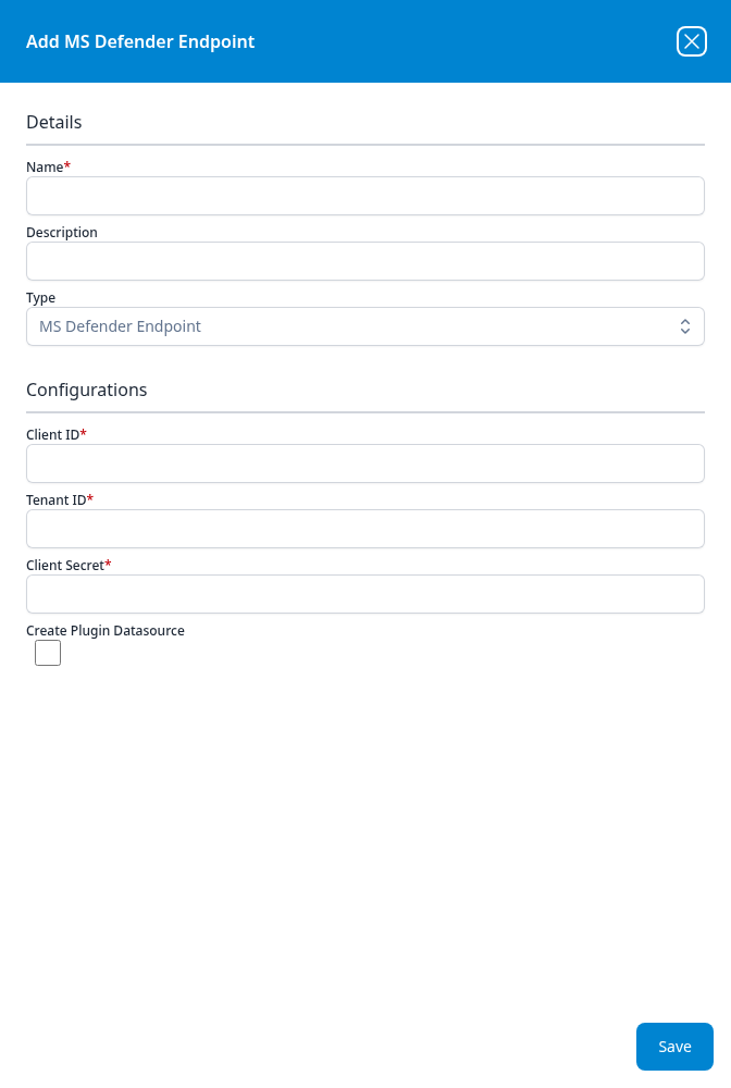 Add MS Defender Endpoint dialog