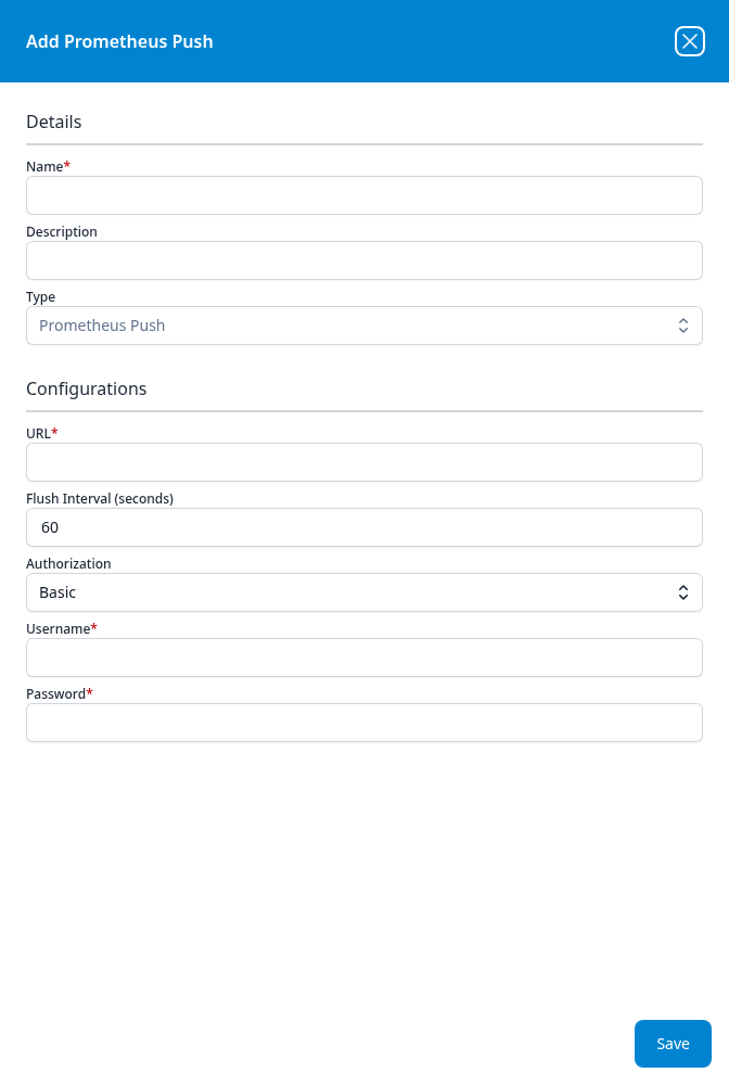 Add Prometheus Push dialog