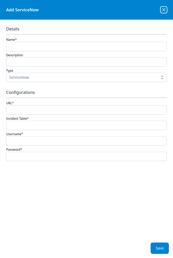 Add ServiceNow dialog