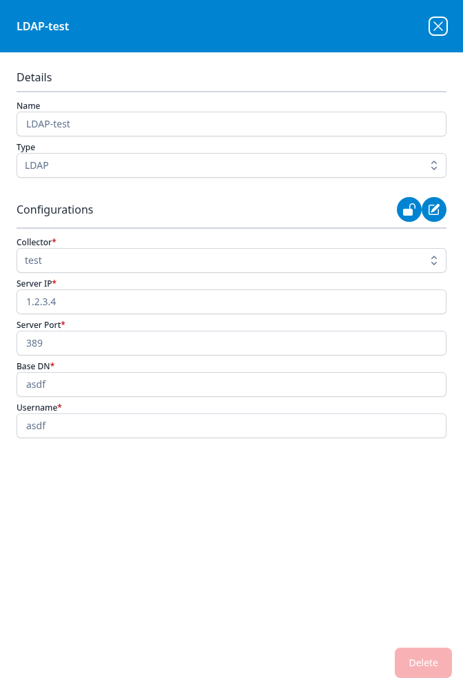 LDAP-test integration dialog showing the Collector, Server IP, Server Port, Base DN and Username configurations with no Password row