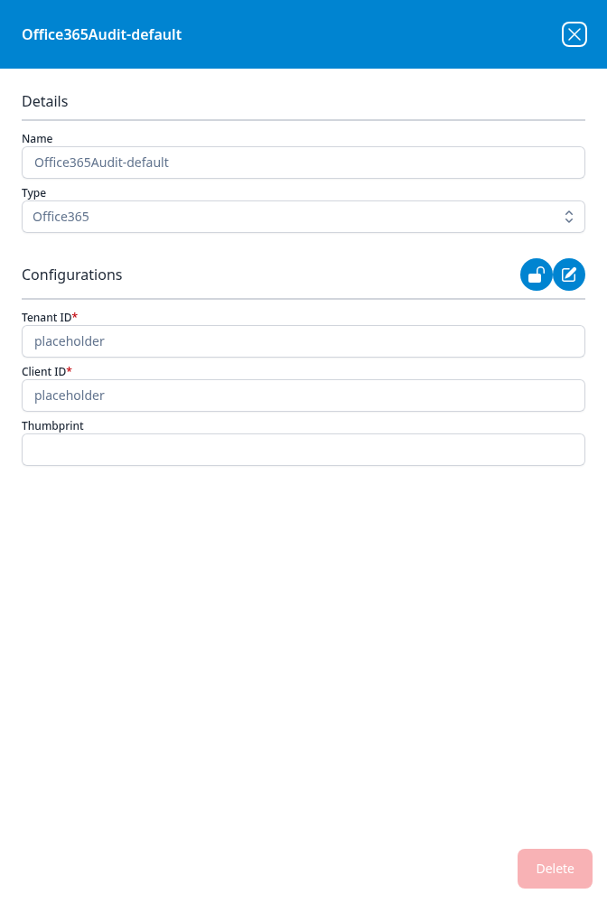 Office365Audit-default integration dialog showing the read-only Name and Type fields and the Tenant ID, Client ID and Thumbprint configurations
