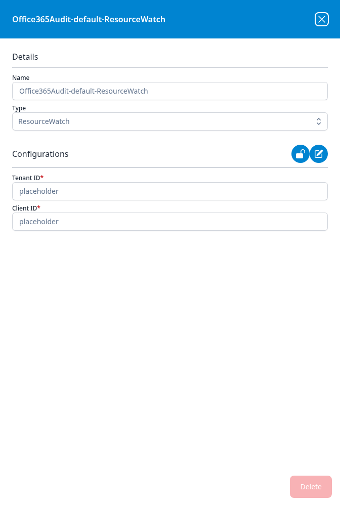Office365Audit-default-ResourceWatch integration dialog showing the read-only Name and Type fields, the Tenant ID and Client ID configurations, the padlock and pencil buttons, and a greyed-out Delete button