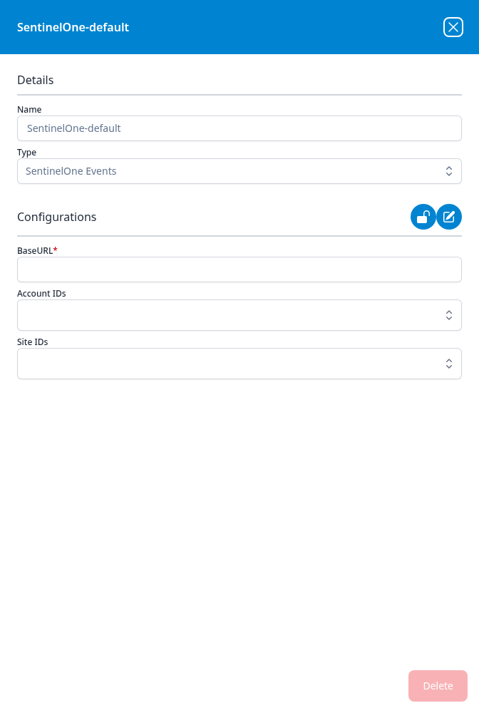 SentinelOne-default integration dialog showing an empty required BaseURL field and unset Account IDs and Site IDs drop-downs