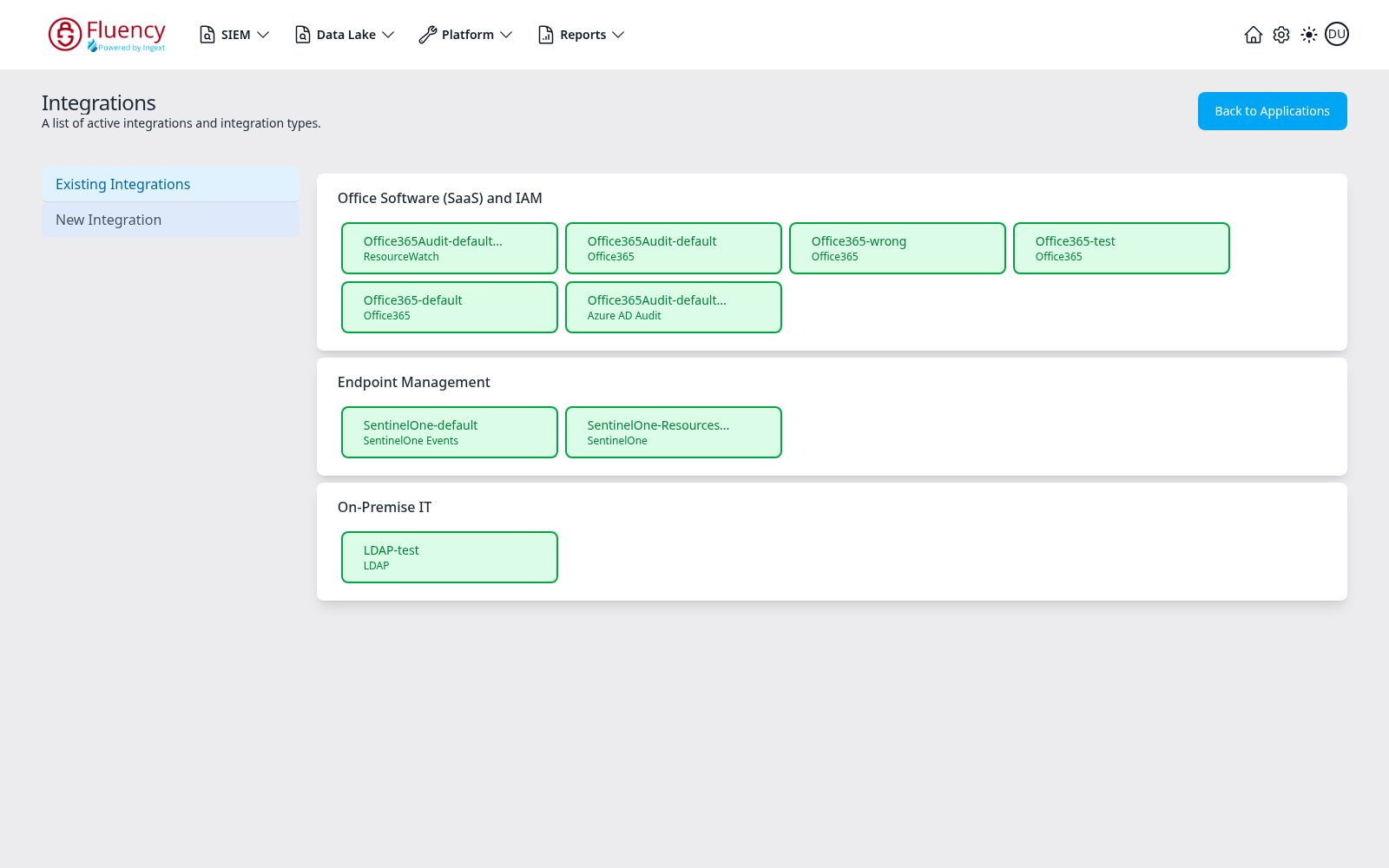 Integrations page showing the Existing Integrations view with the Office Software, Endpoint Management and On-Premise IT category panels