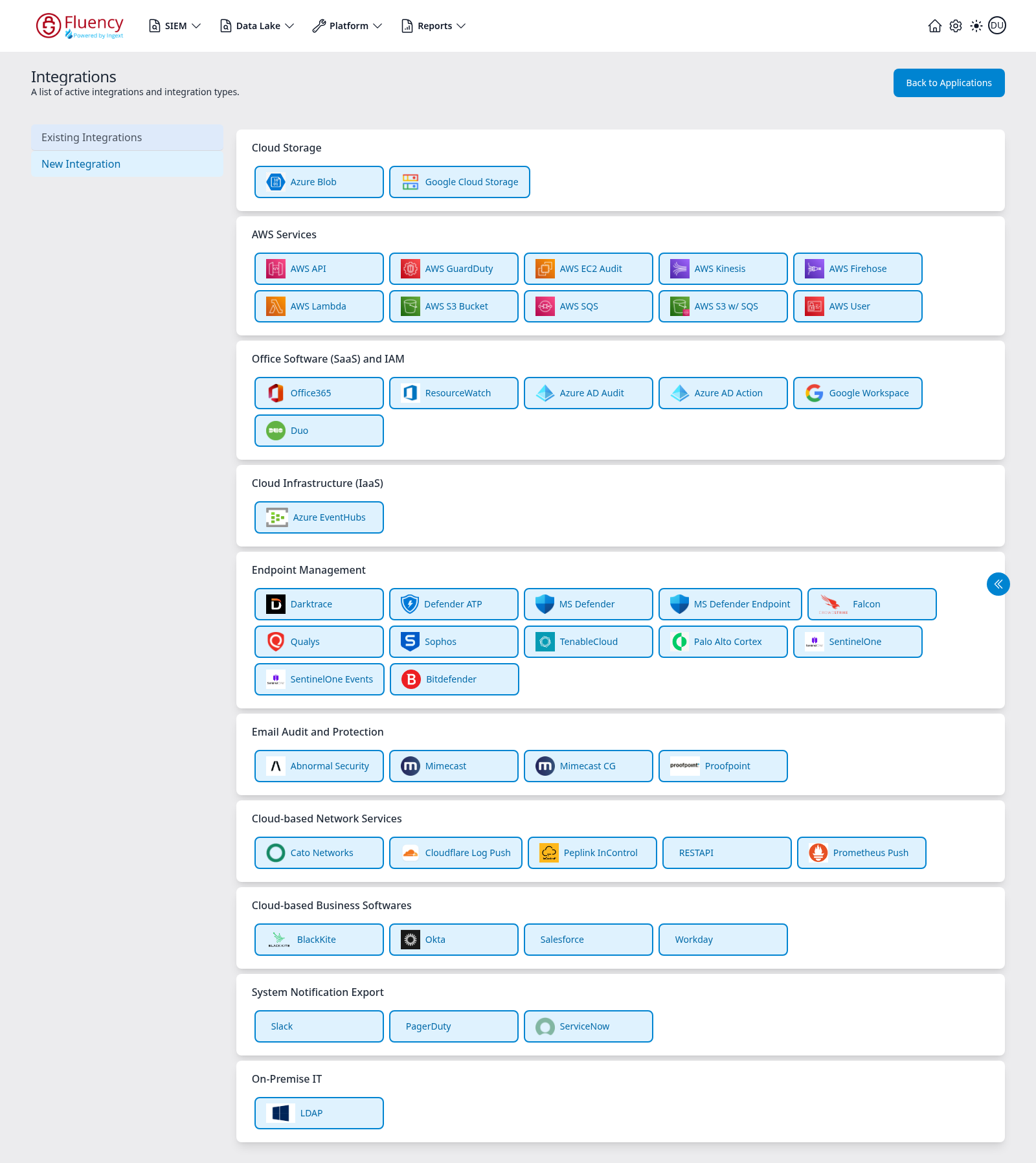 New Integration view showing the integration type catalog grouped into ten category cards