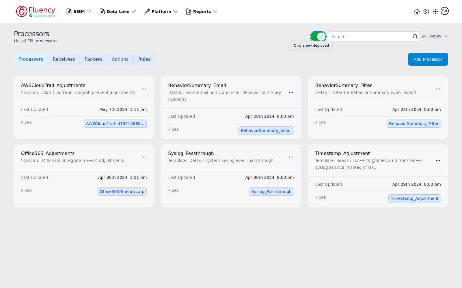 Processors page with the Only show deployed toggle on, listing only the six processors attached to pipes