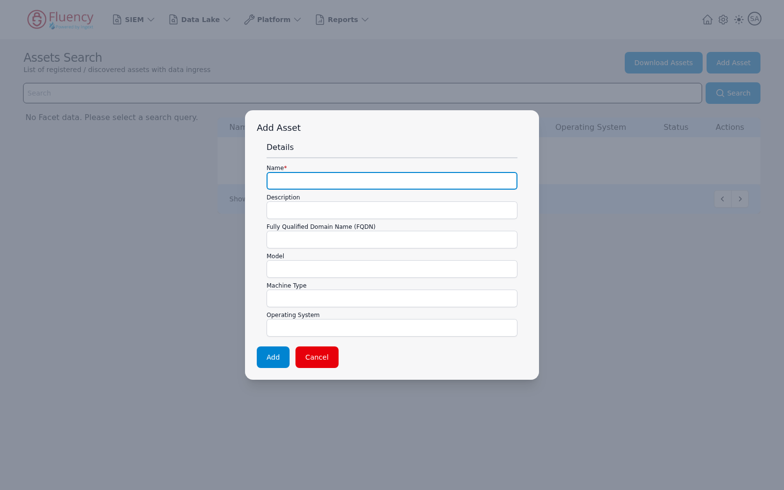 Add Asset dialog with Details fields