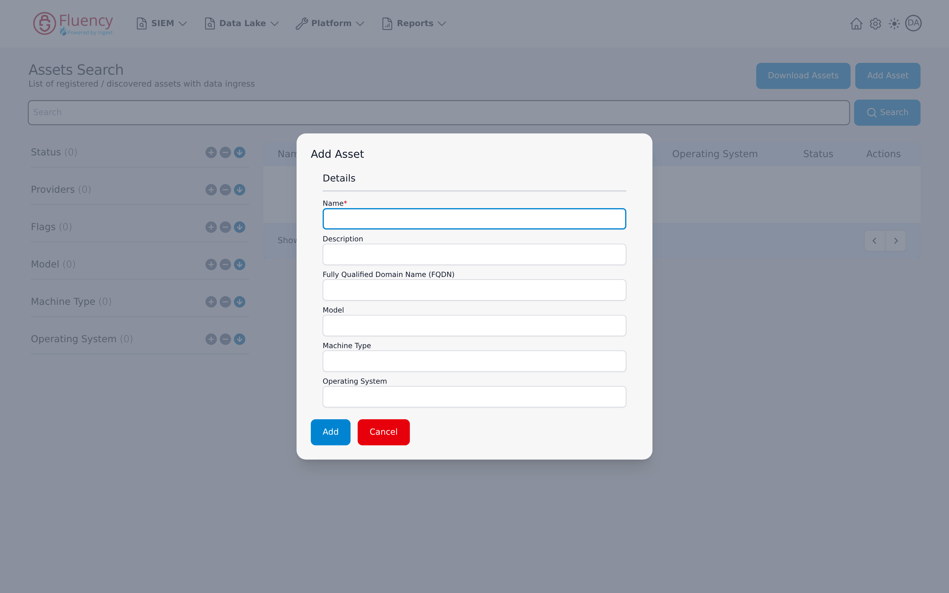 Add Asset dialog with Details fields