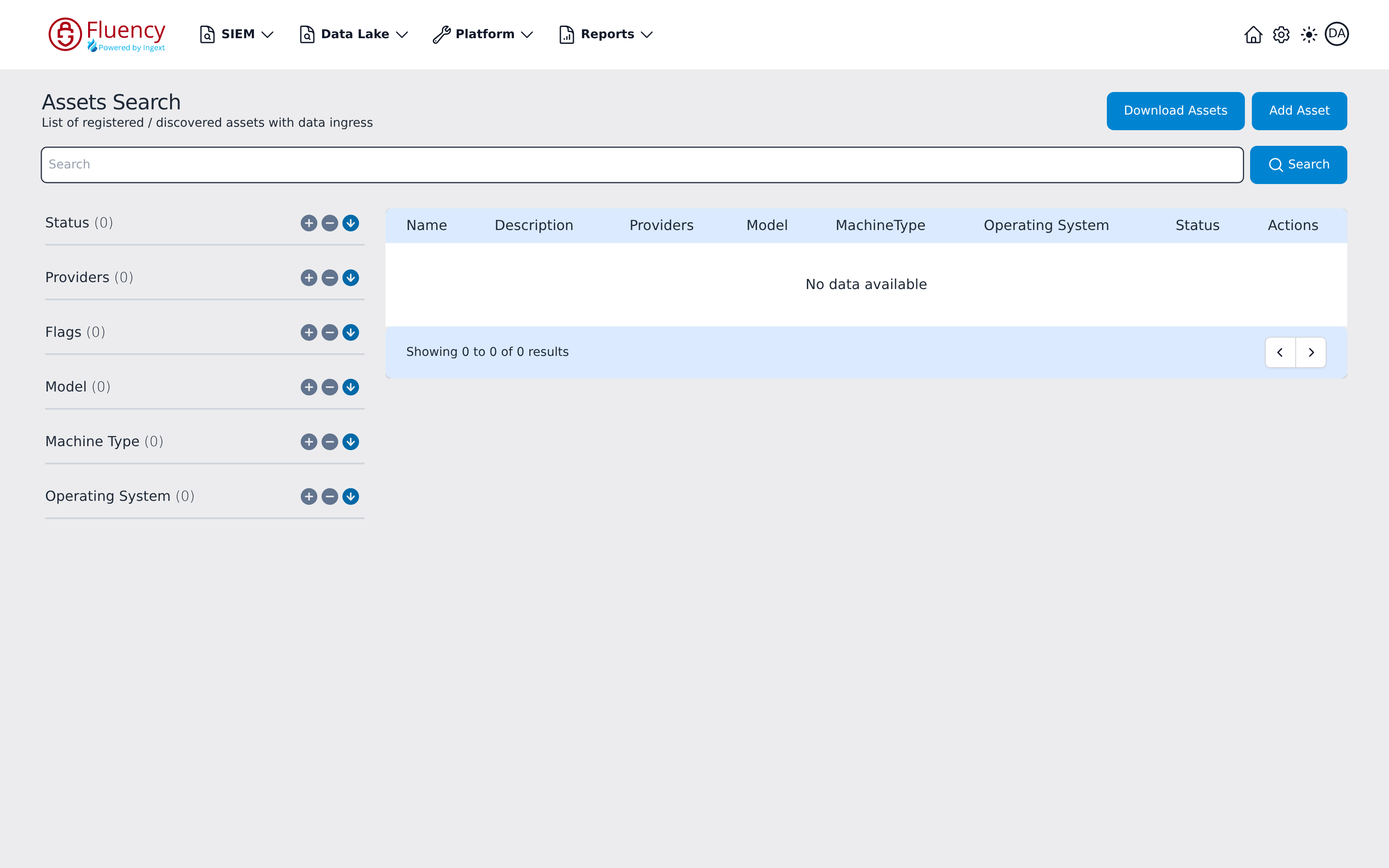 Assets Search page with search bar, facet panel, and empty results table