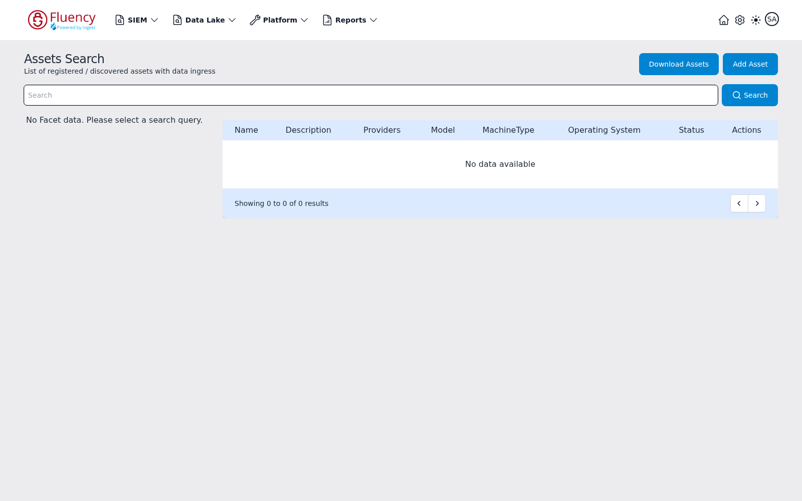Assets Search page with search bar, facet panel, and empty results table