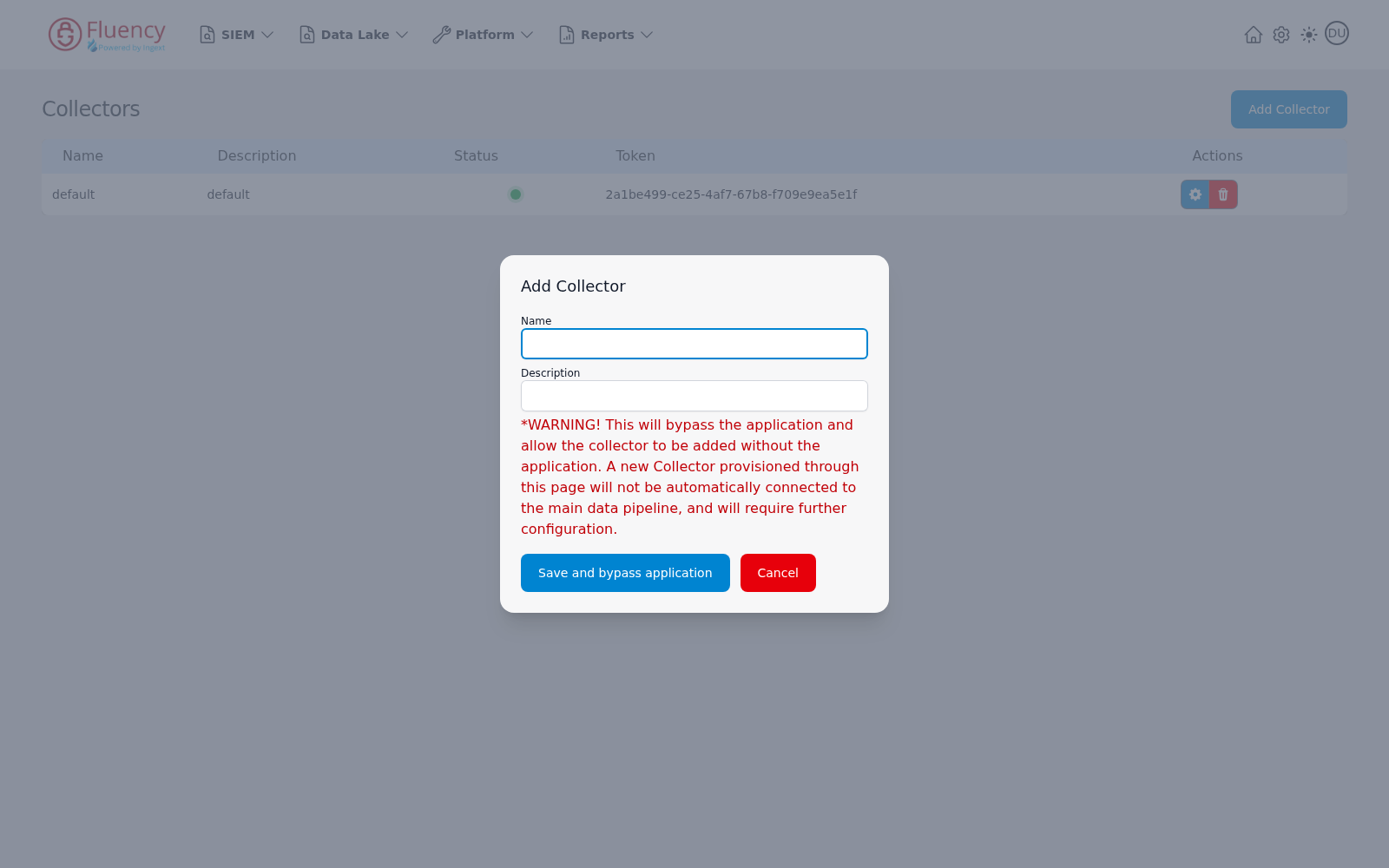 Add Collector dialog with Name and Description fields and bypass warning