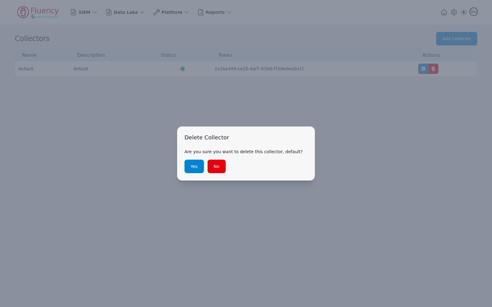 Delete Collector confirmation dialog with Yes and No buttons