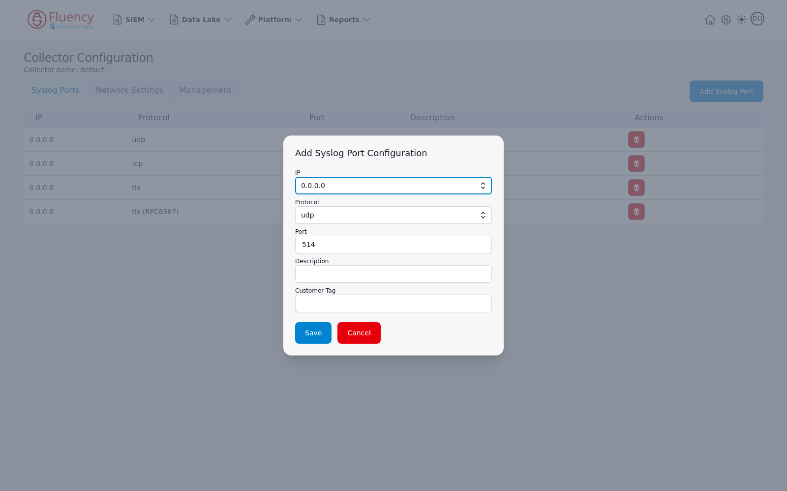 Add Syslog Port Configuration dialog with IP, Protocol, Port, Description, and Customer Tag fields