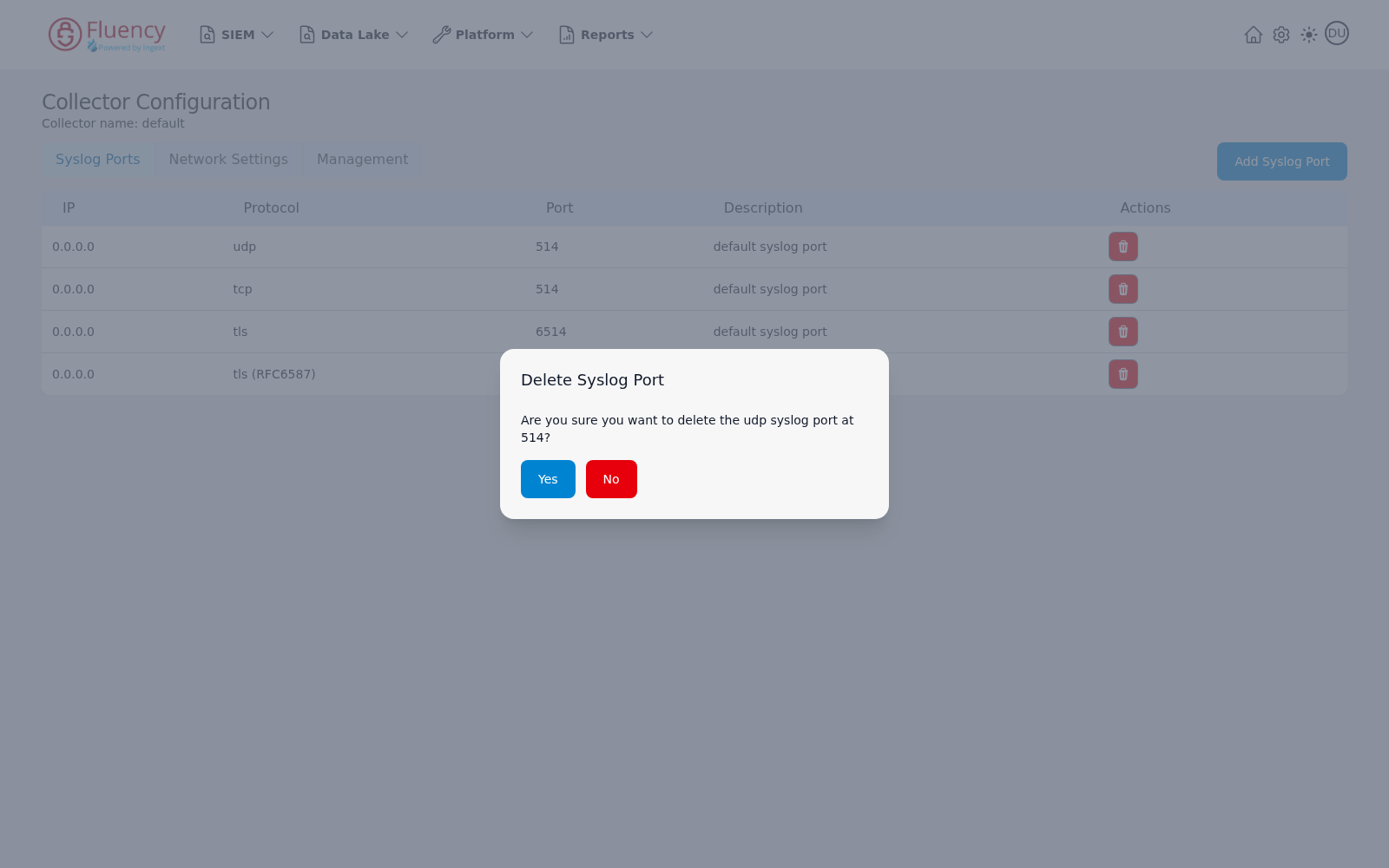 Delete Syslog Port confirmation dialog naming the udp syslog port at 514