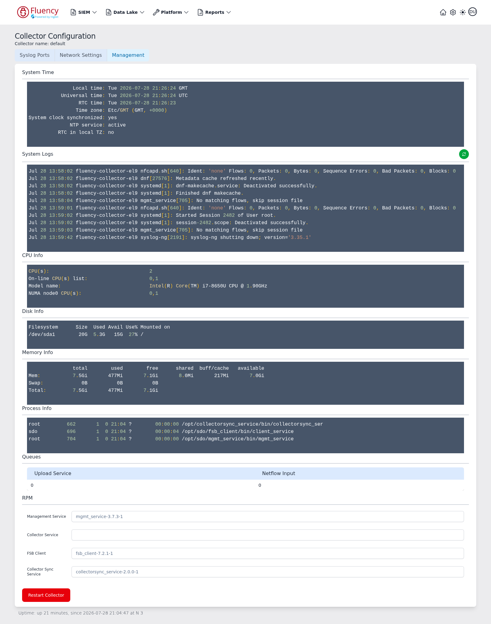 Collector Configuration on the Management tab showing System Time, System Logs, CPU, Disk, Memory, Process, Queues, and RPM sections above a Restart Collector button