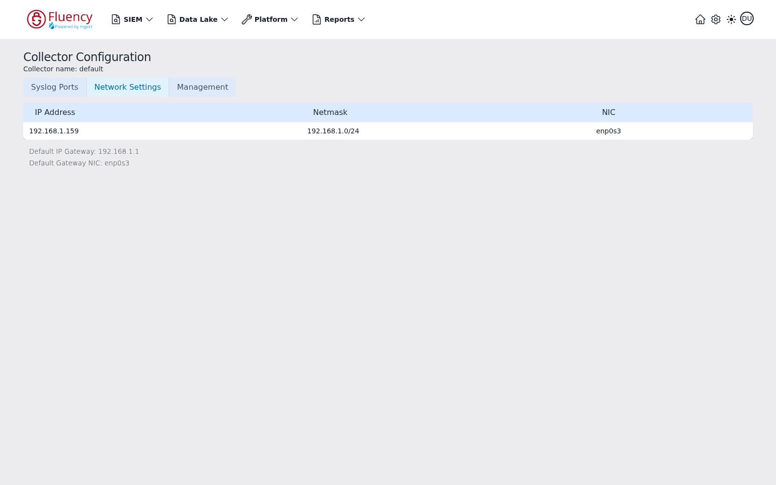 Collector Configuration on the Network Settings tab showing one interface with its IP address, netmask, and NIC