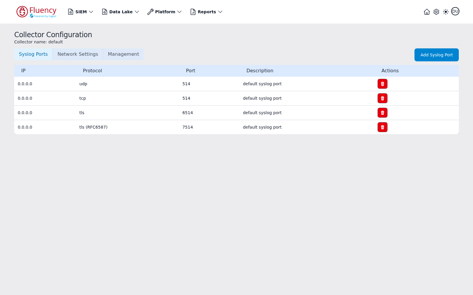 Collector Configuration on the Syslog Ports tab, listing four listeners with an Add Syslog Port button