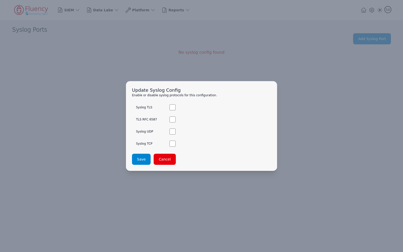 Update Syslog Config dialog opened from the Add Syslog Port button