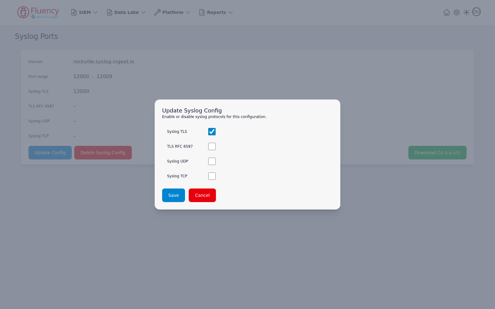 Update Syslog Config dialog with checkboxes for Syslog TLS, TLS RFC 6587, Syslog UDP, and Syslog TCP