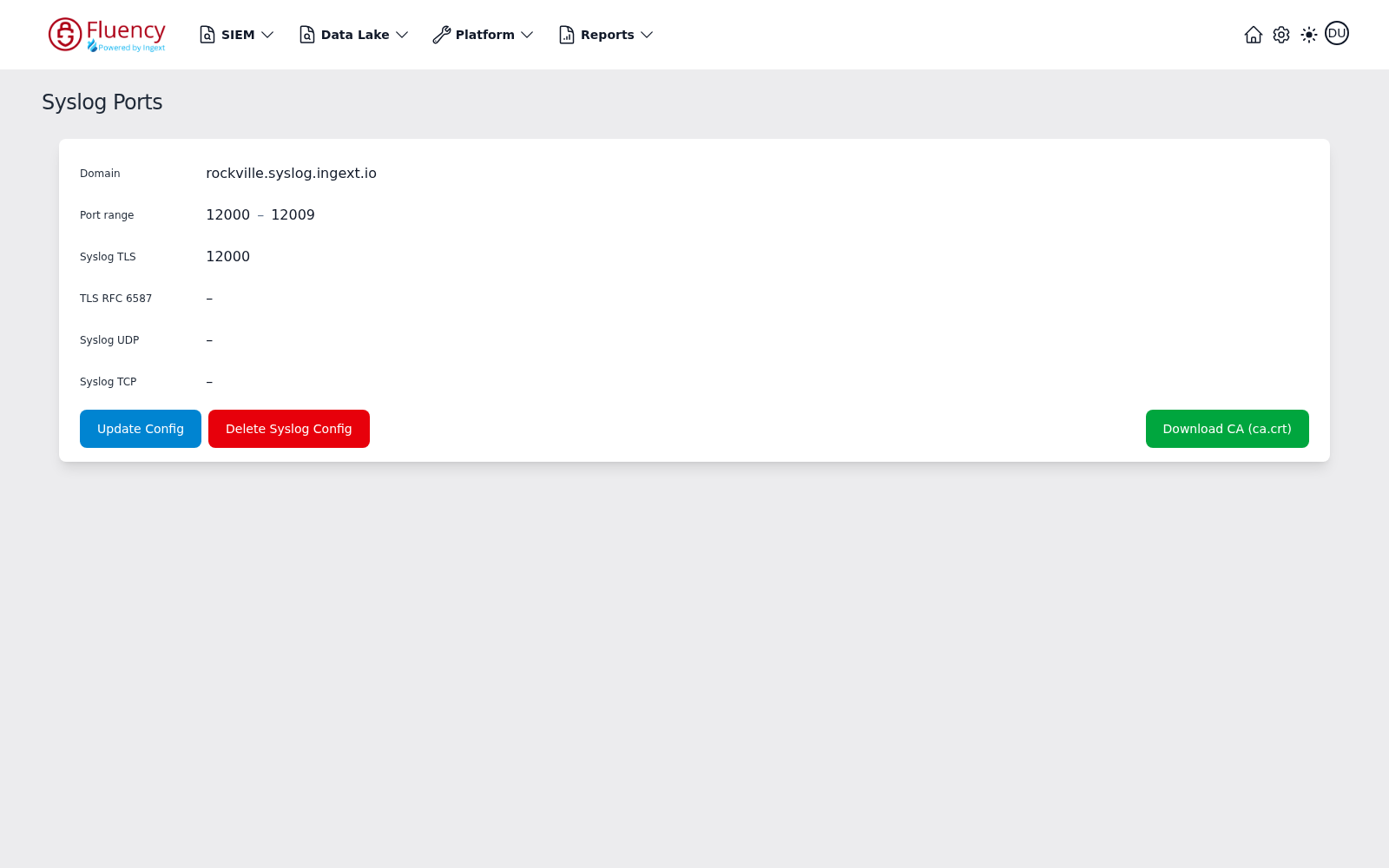 Syslog Ports page showing a configured listener with domain, port range, per-protocol ports, and Update Config, Delete Syslog Config, and Download CA buttons