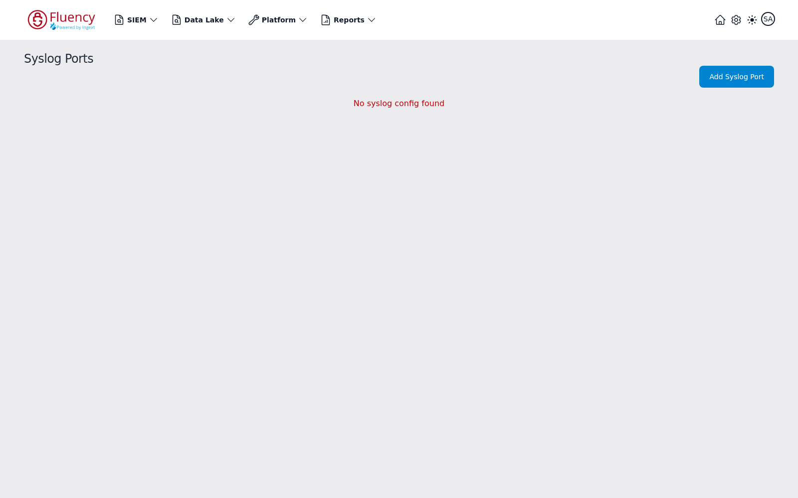 Syslog Ports page empty state with the Add Syslog Port button and the No syslog config found message