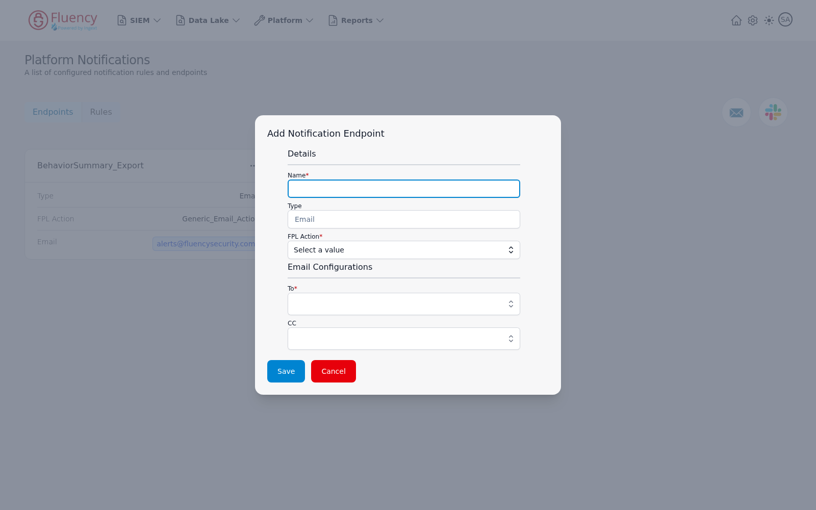 Add Notification Endpoint dialog for an Email endpoint