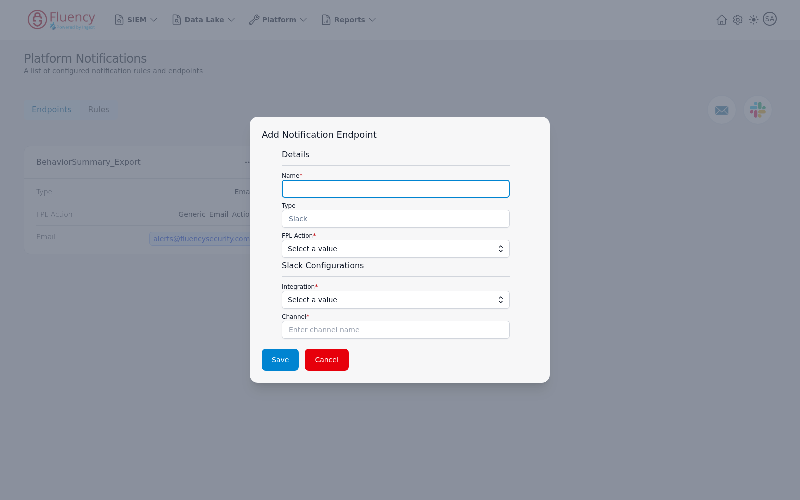 Add Notification Endpoint dialog for a Slack endpoint