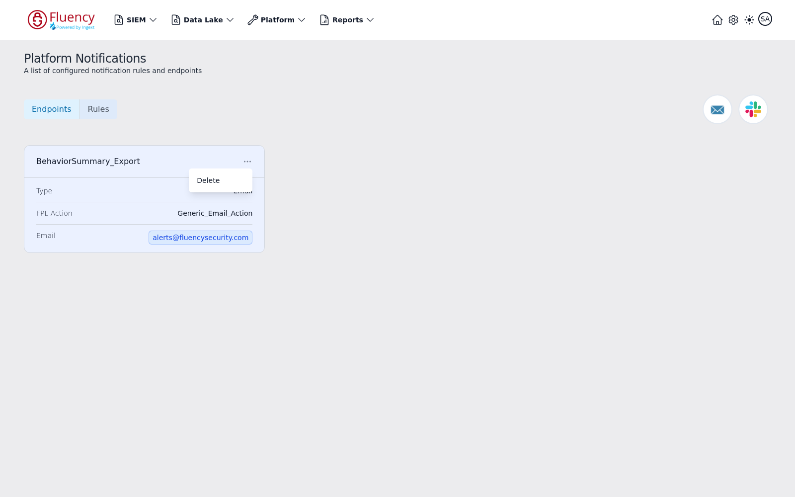 Endpoint card options menu showing the Delete option