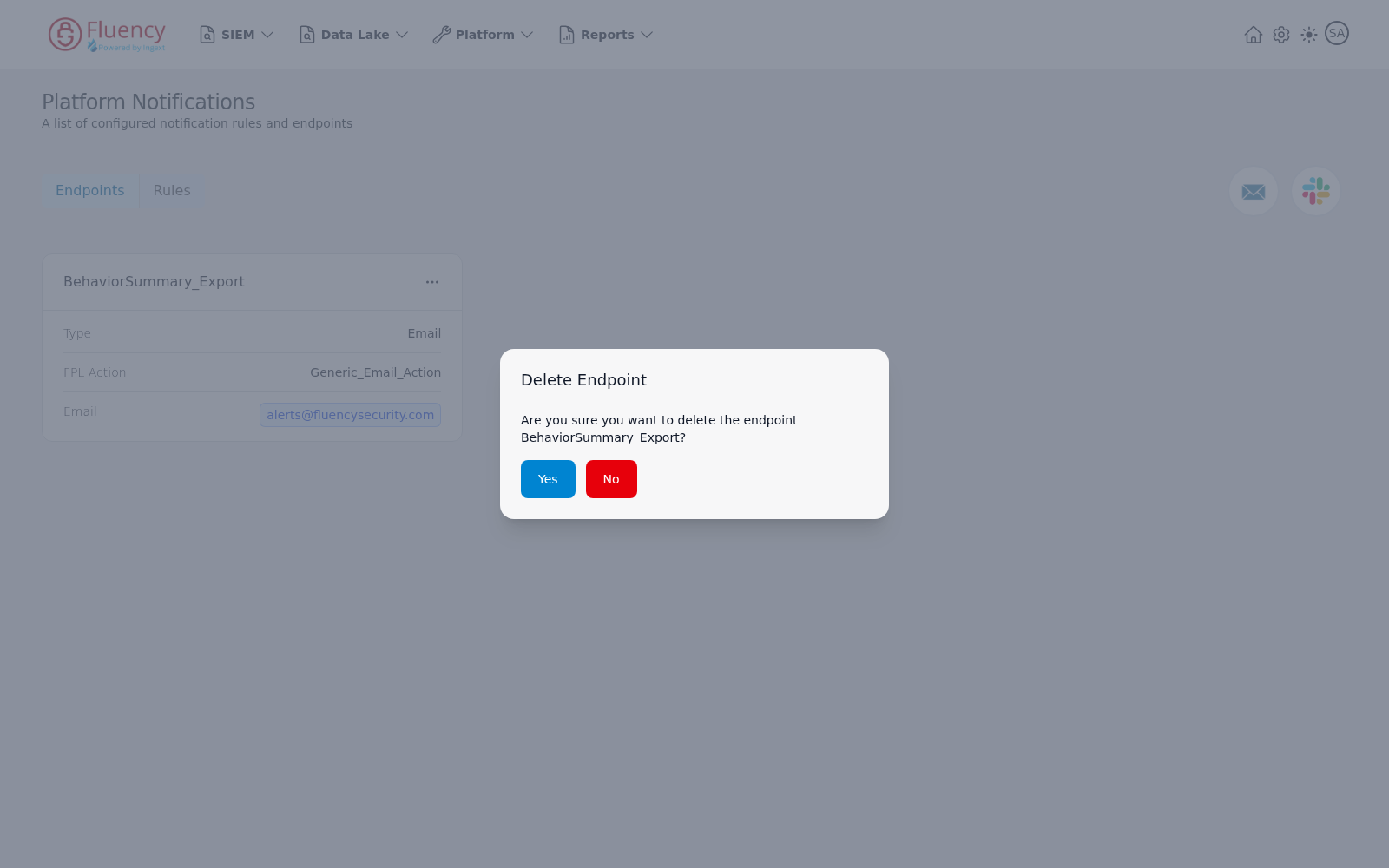 Delete Endpoint confirmation dialog with Yes and No buttons