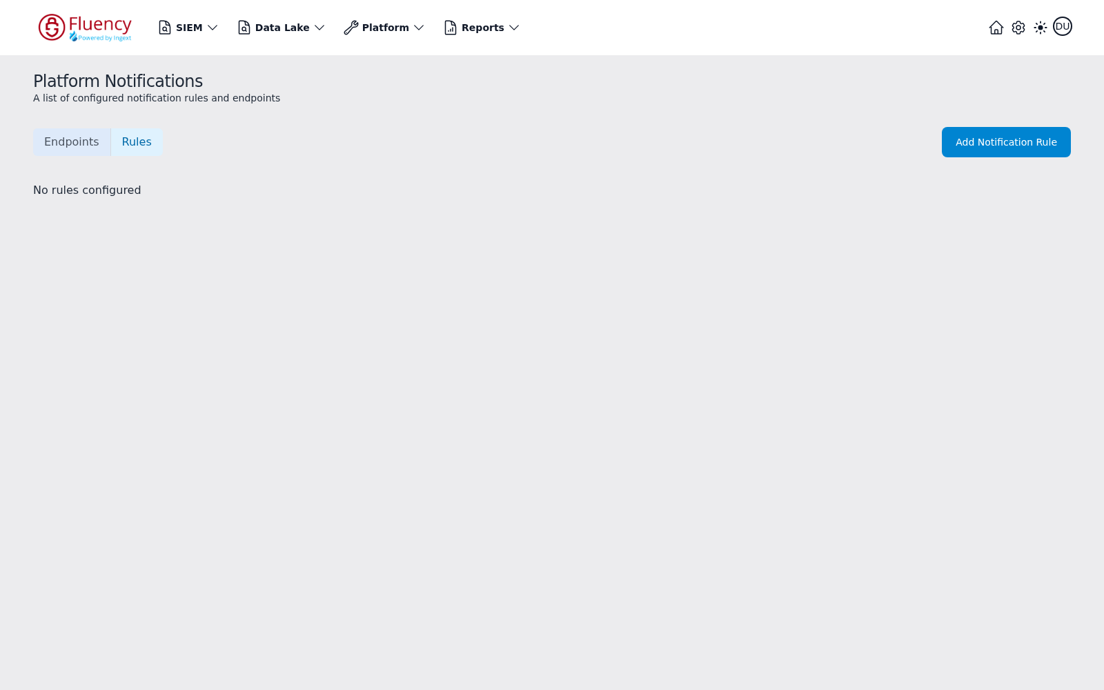 Rules tab showing the No rules configured message and an Add Notification Rule button