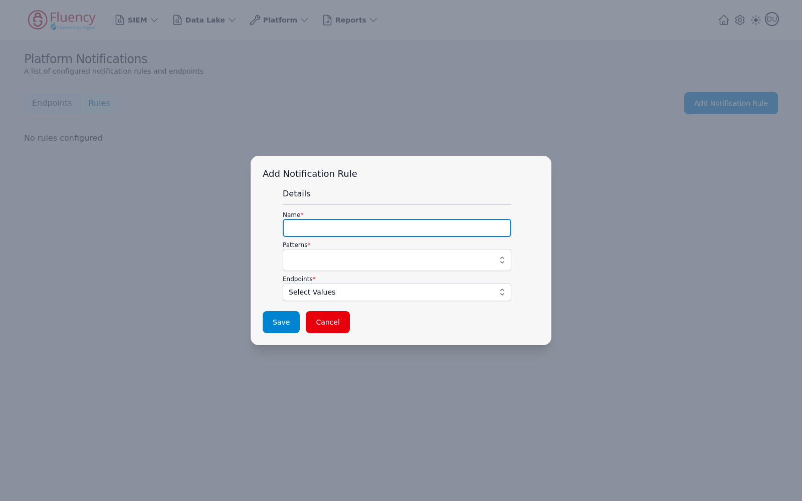 Add Notification Rule dialog with Name, Patterns, and Endpoints fields