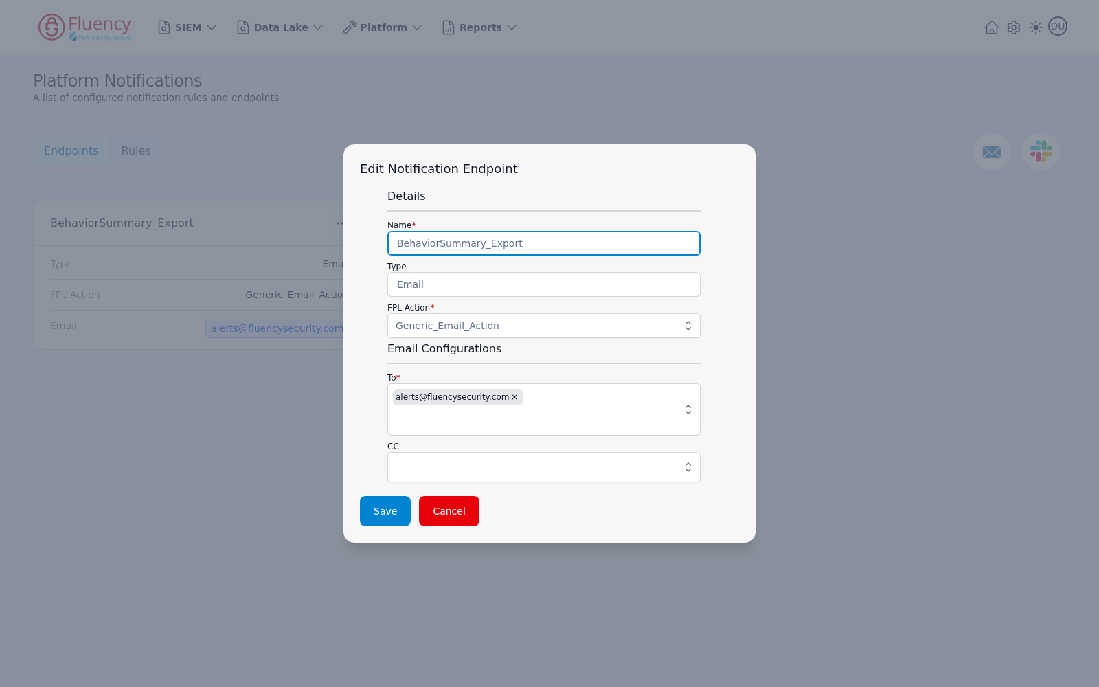 Edit Notification Endpoint dialog pre-filled with an Email endpoint's name, FPL action, and recipient