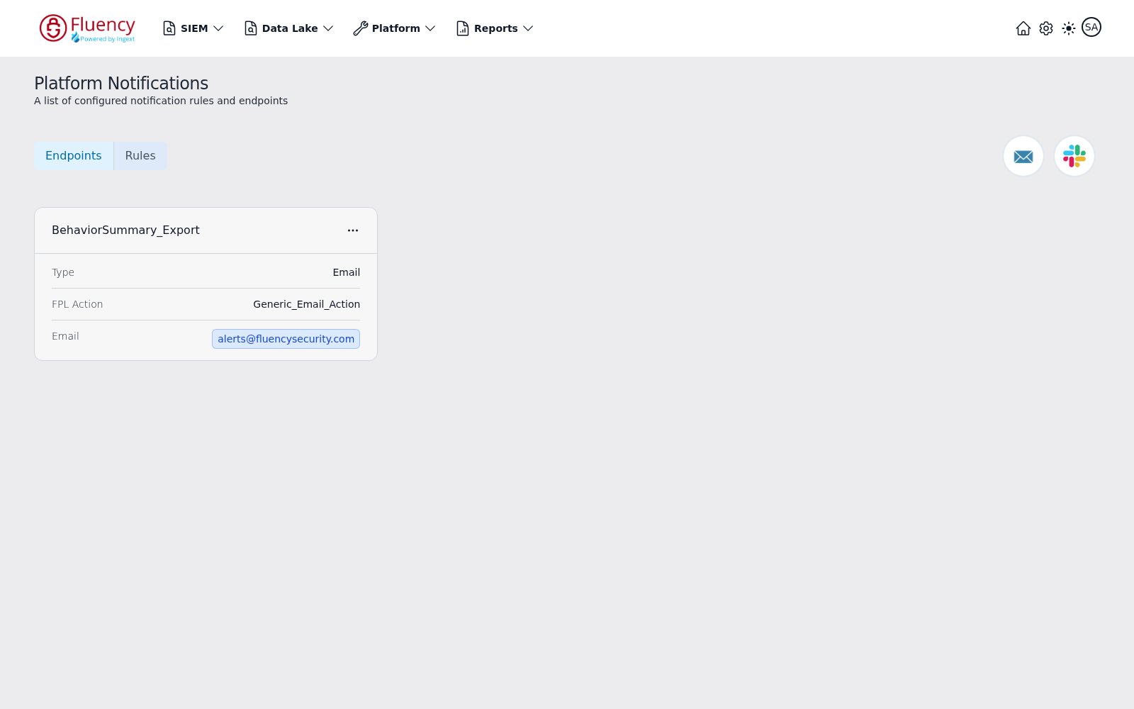 Platform Notifications page with Endpoints tab, add-endpoint icons, and an endpoint card