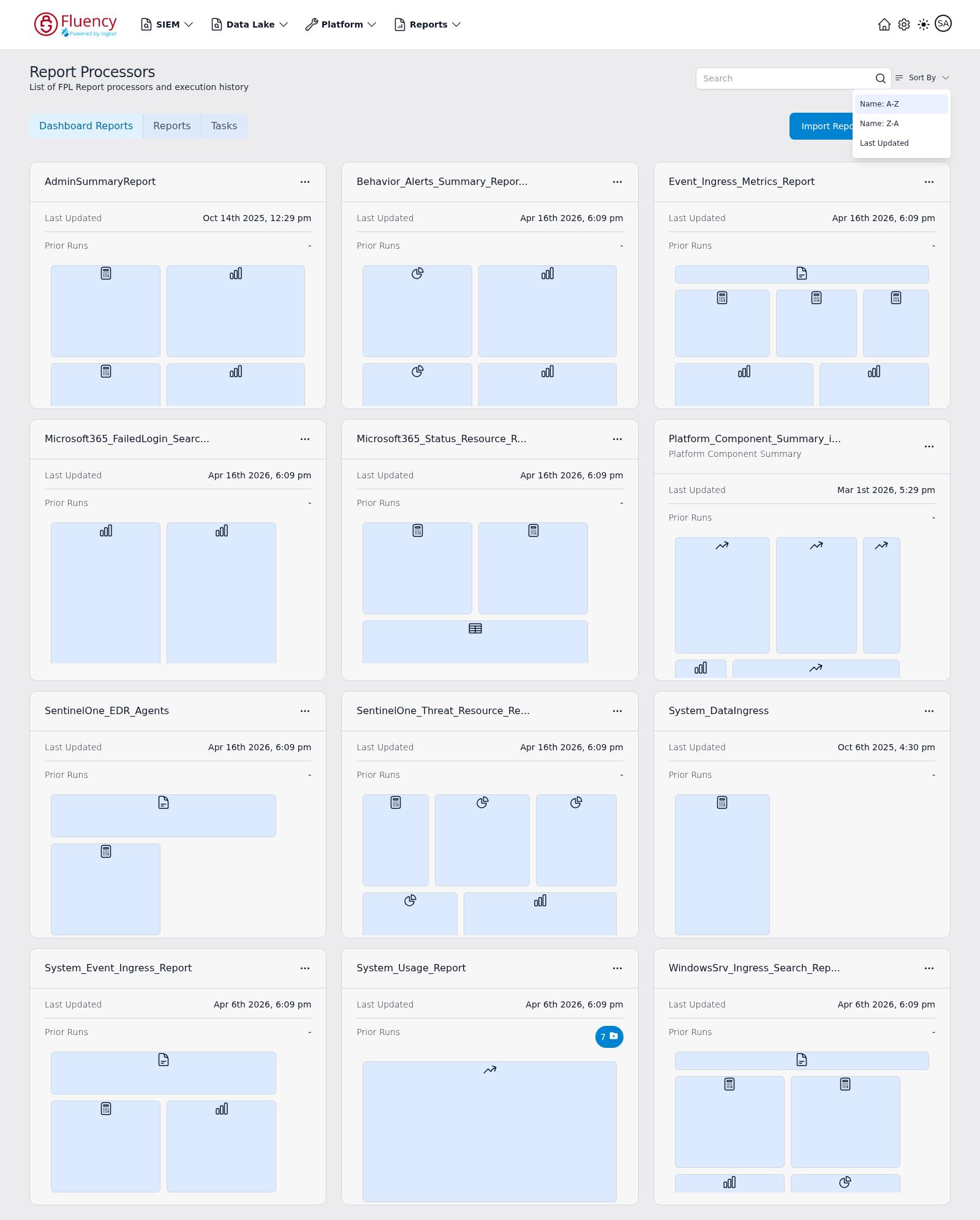 Sort By menu on the Report Processors page listing Name A-Z, Name Z-A, and Last Updated