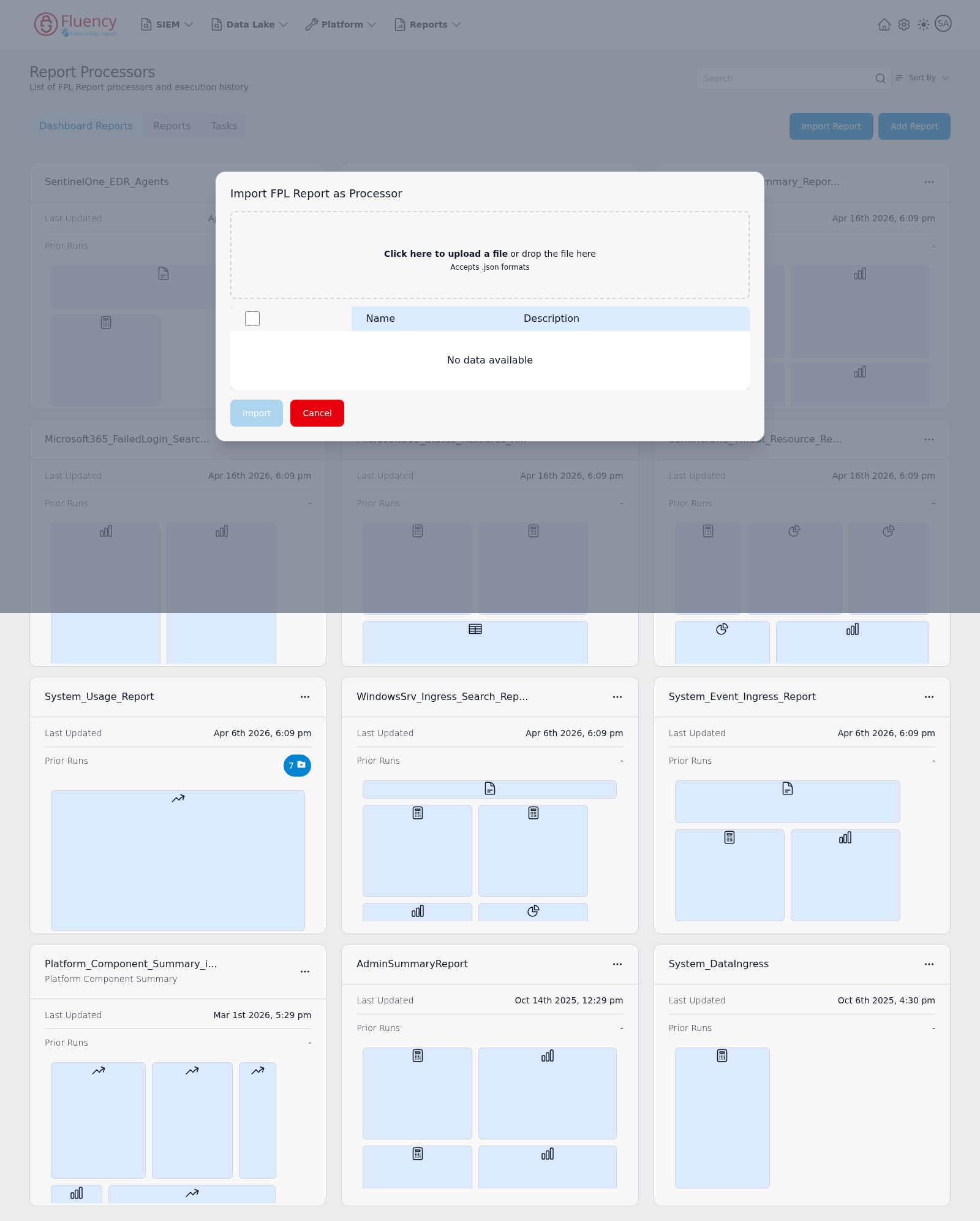 Import FPL Report as Processor dialog with file upload area, empty selection table, and Import and Cancel buttons