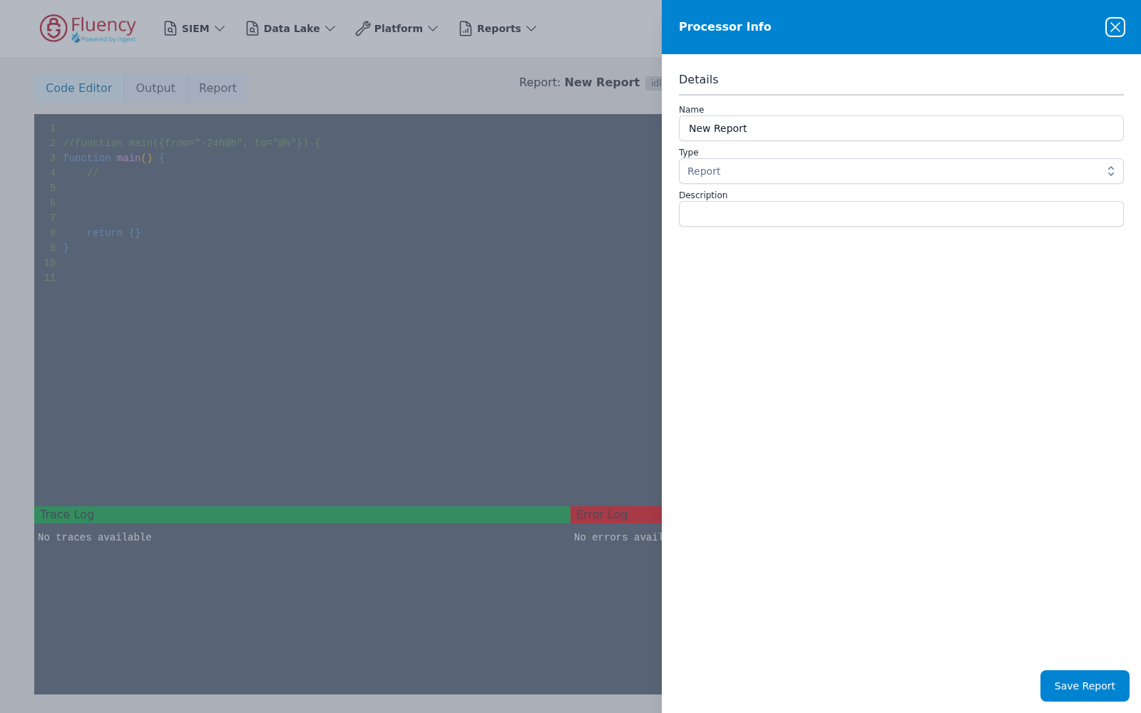 Report editor opened by Add Report, with FPL code skeleton and the Processor Info panel showing Name, Type, and Description fields