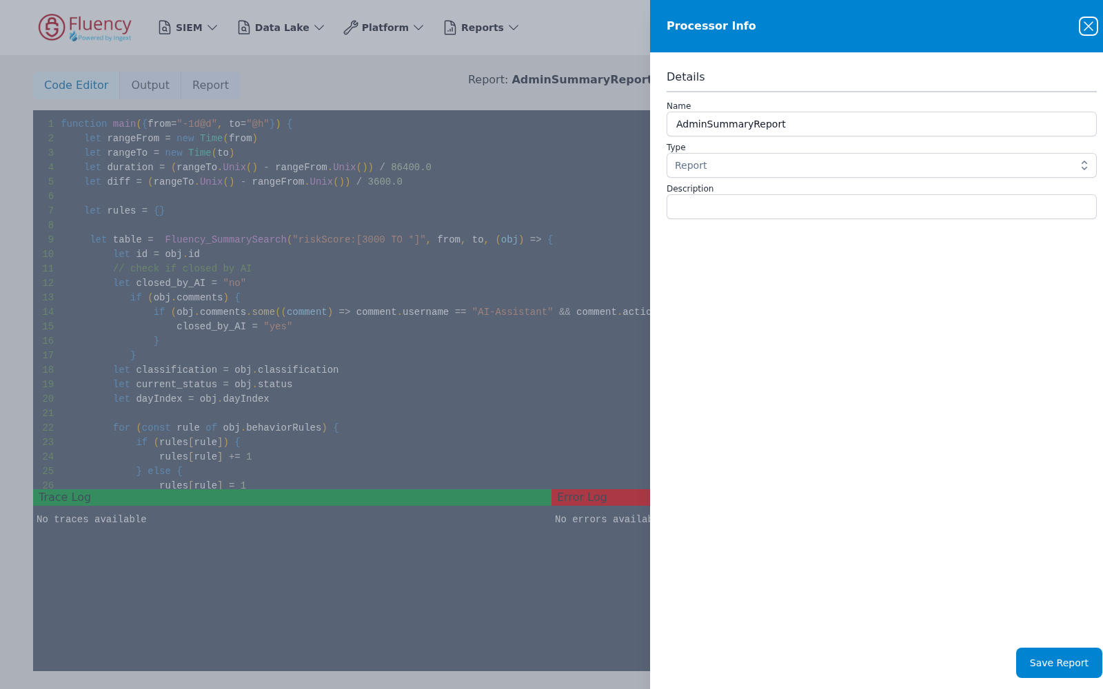 Report editor opened by Clone, showing the source processor's FPL code and the Processor Info panel with the name prefilled