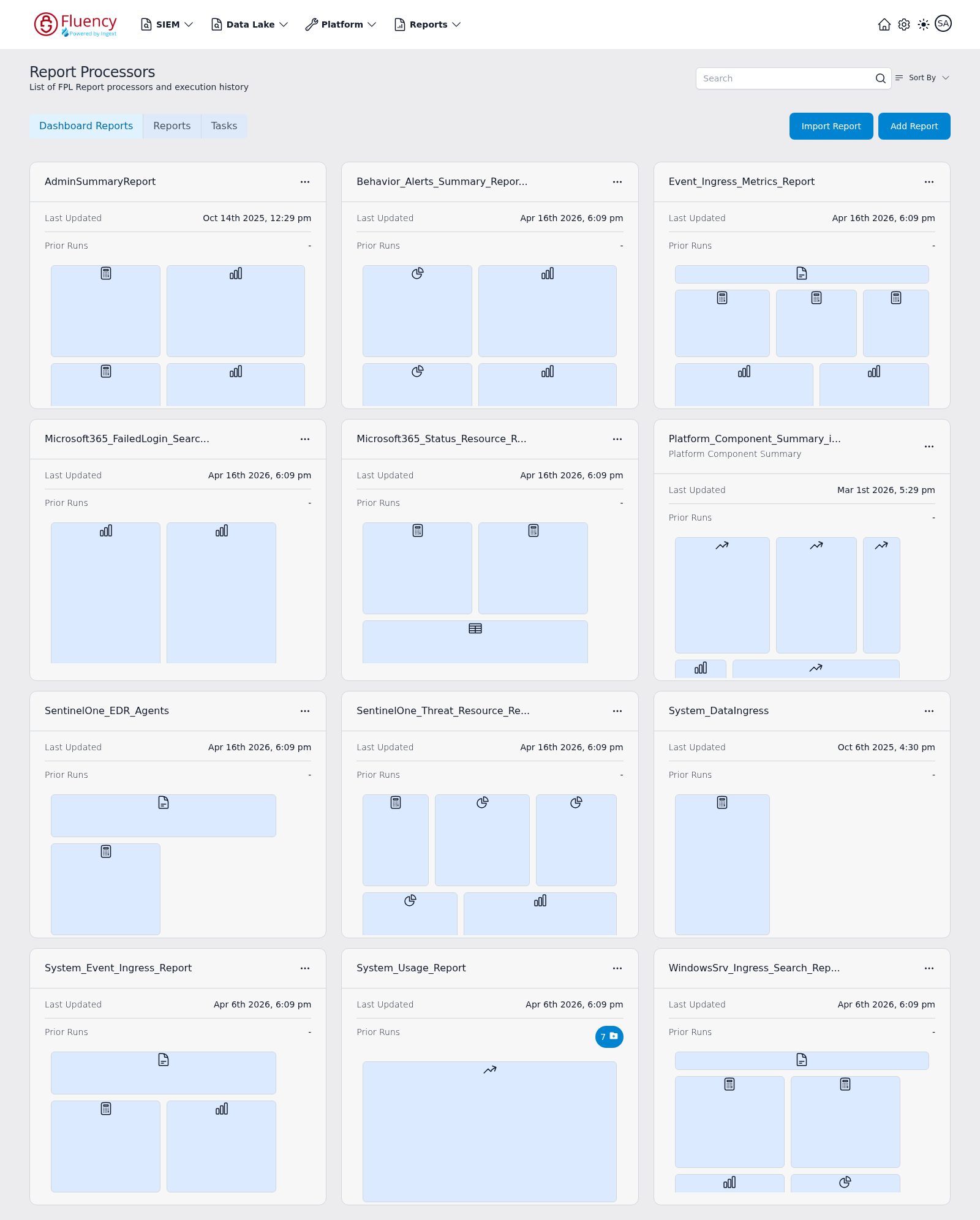 Report Processors page showing the Dashboard Reports tab with a grid of report processor cards