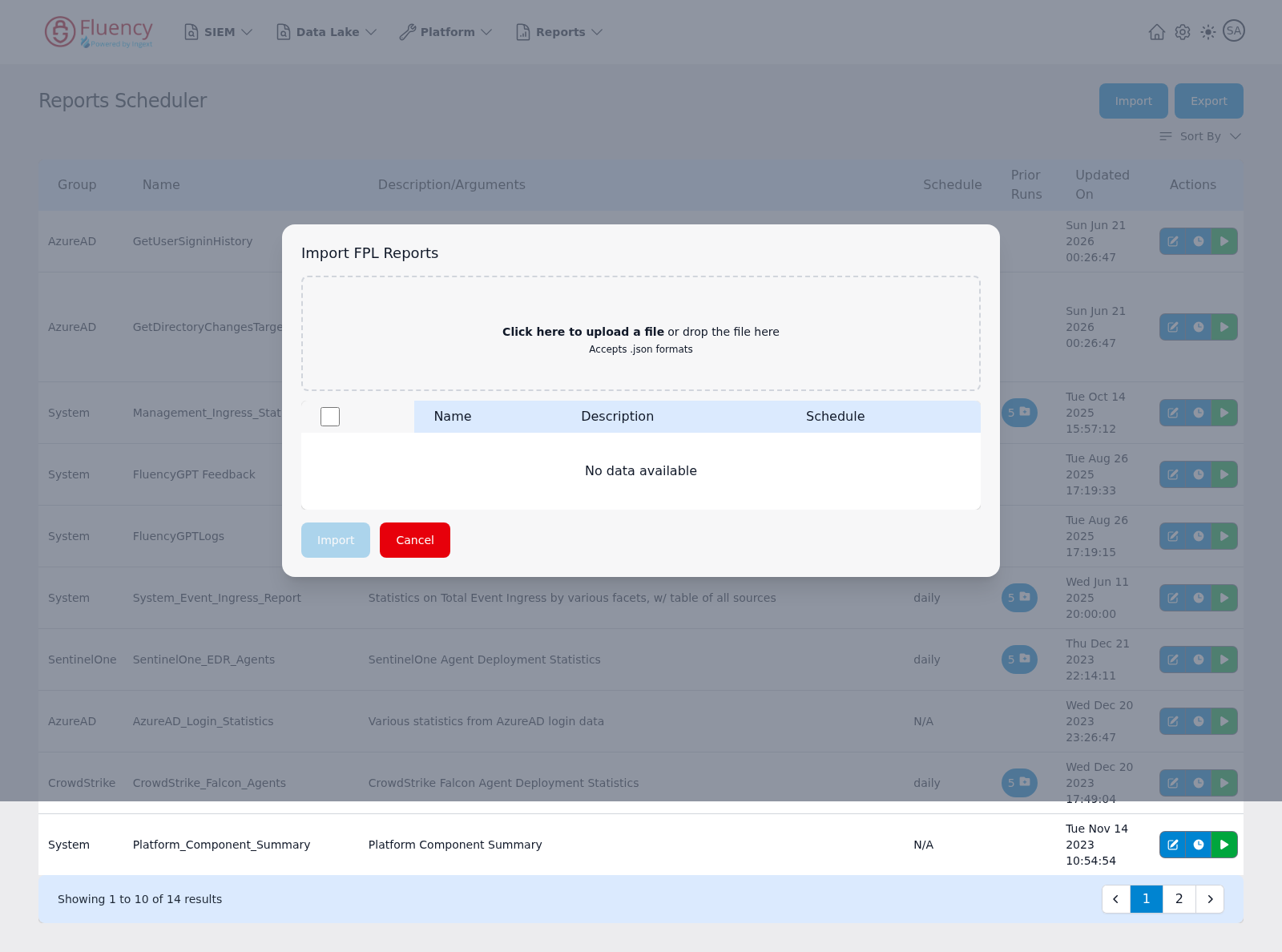 Import FPL Reports dialog with file upload area, empty selection table, and Import and Cancel buttons