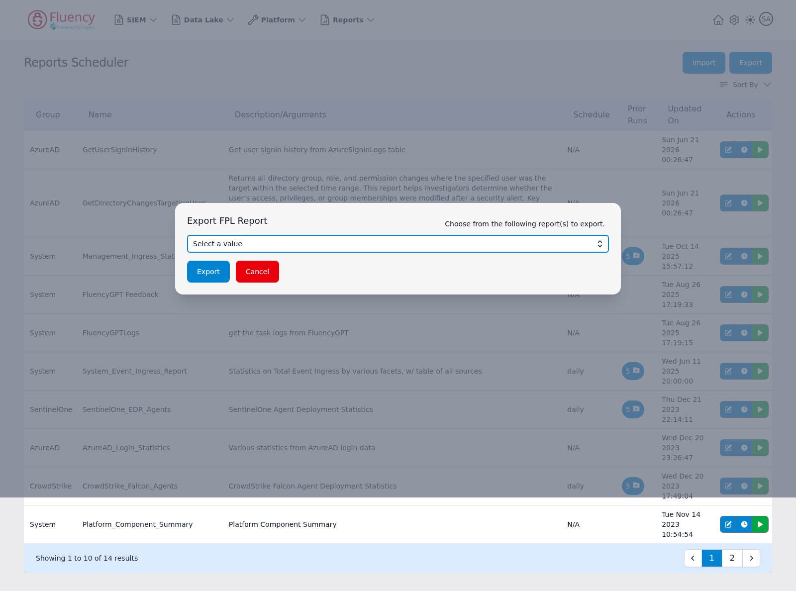 Export FPL Report dialog with a Select a value dropdown and Export and Cancel buttons