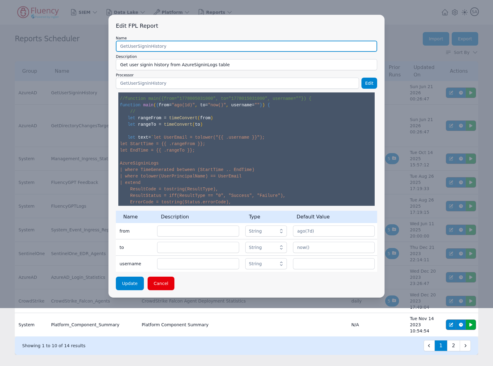 Edit FPL Report dialog showing name, description, processor with Edit button, FPL code preview, and an arguments table with default values
