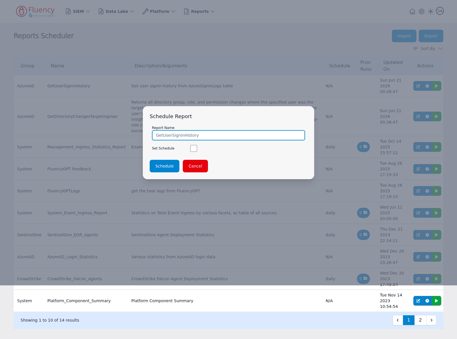 Schedule Report dialog with the report name and an unchecked Set Schedule checkbox