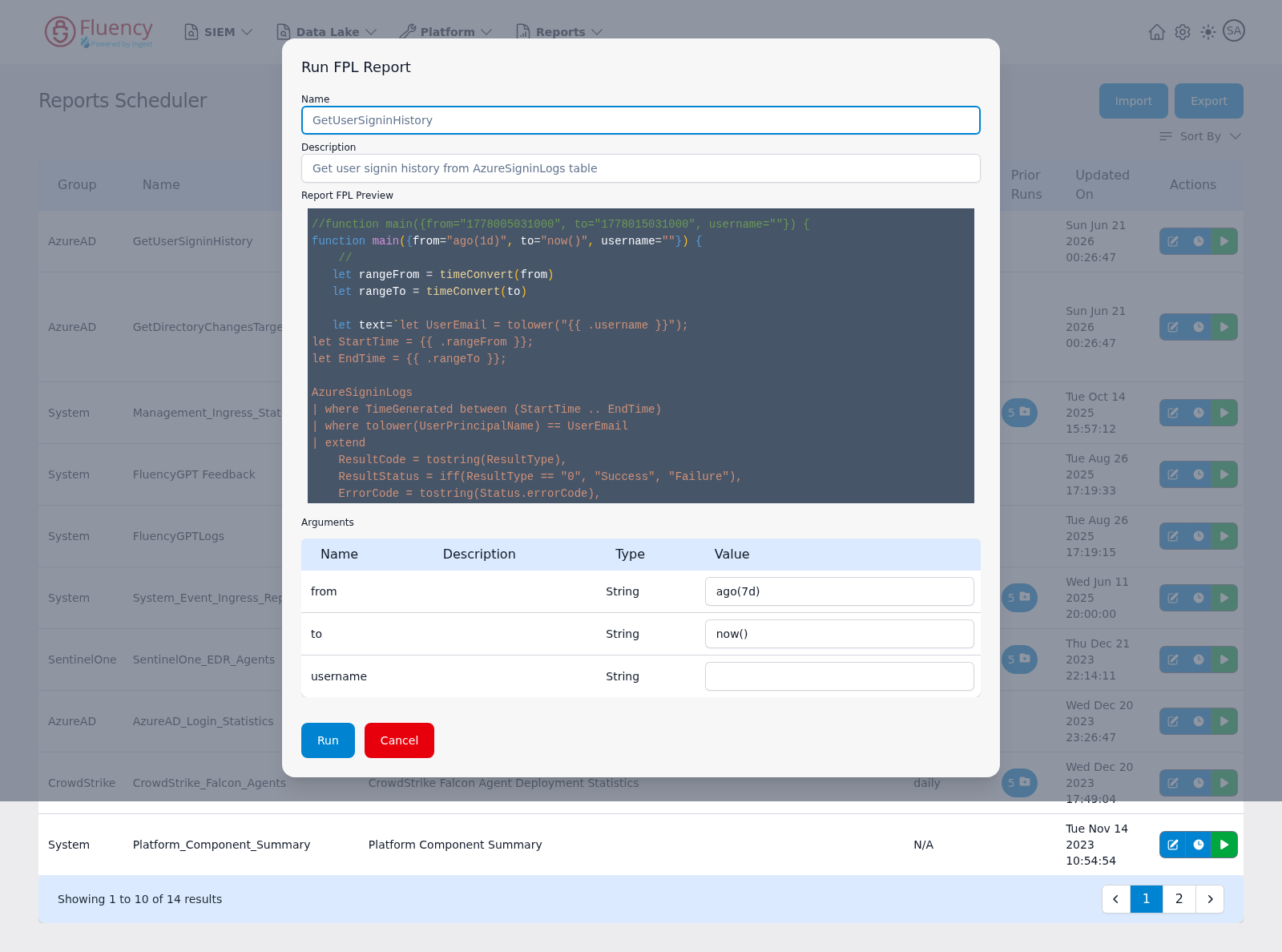 Run FPL Report dialog showing name, description, FPL code preview, an editable arguments table, and Run and Cancel buttons