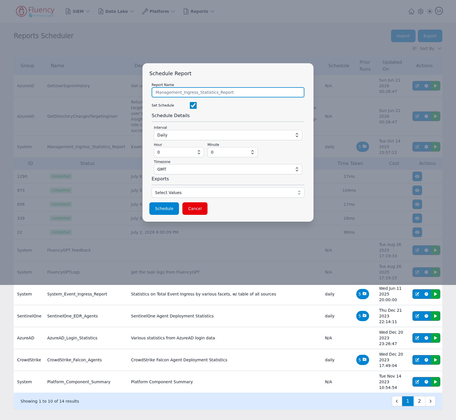 Schedule Report dialog with Set Schedule checked, showing Interval, Hour, Minute, and Timezone selectors and an Exports dropdown