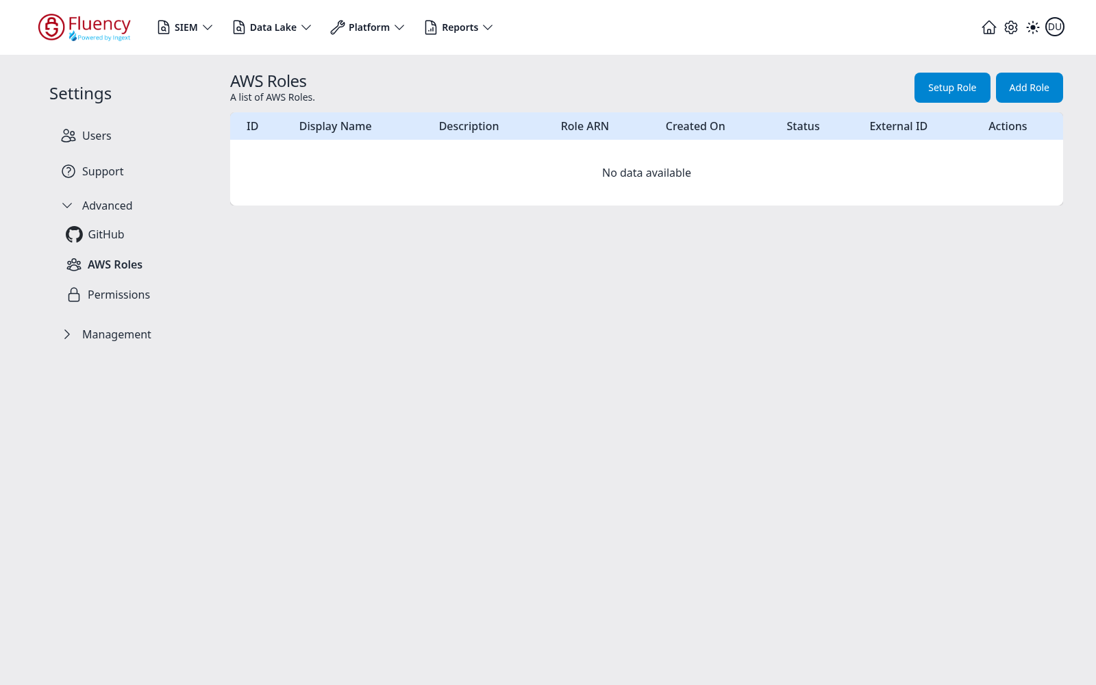Settings AWS Roles area showing the empty role table with the Setup Role and Add Role buttons