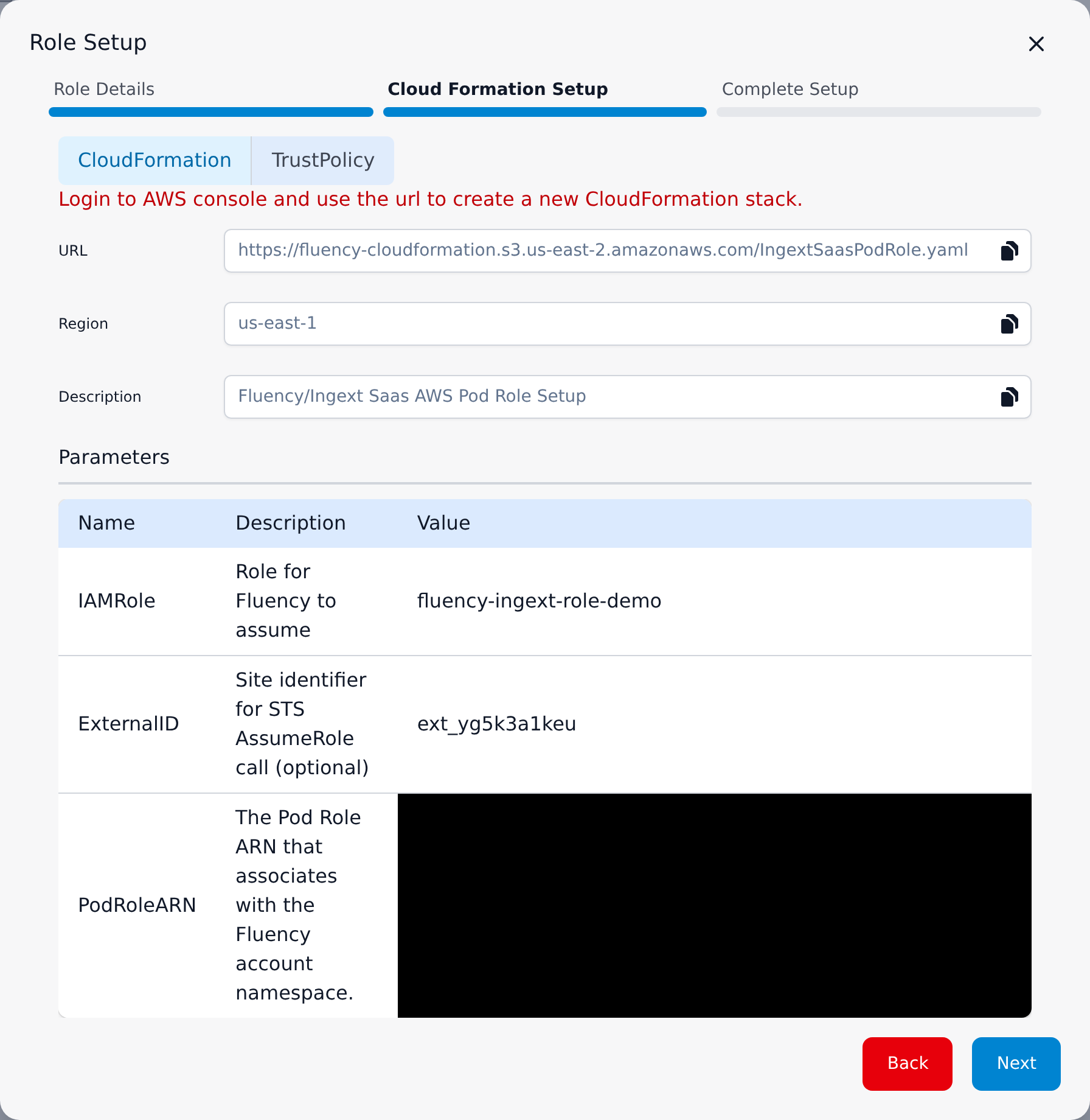 Cloud Formation Setup step on the CloudFormation tab, showing the template URL, region, description and the IAMRole, ExternalID and PodRoleARN parameters; the pod role ARN redacted