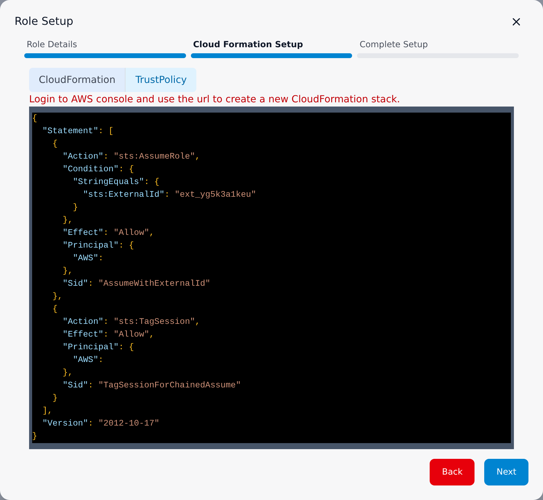 Cloud Formation Setup step on the TrustPolicy tab, showing a two-statement trust policy: sts with an sts condition, and sts, both for the pod role; the principal redacted