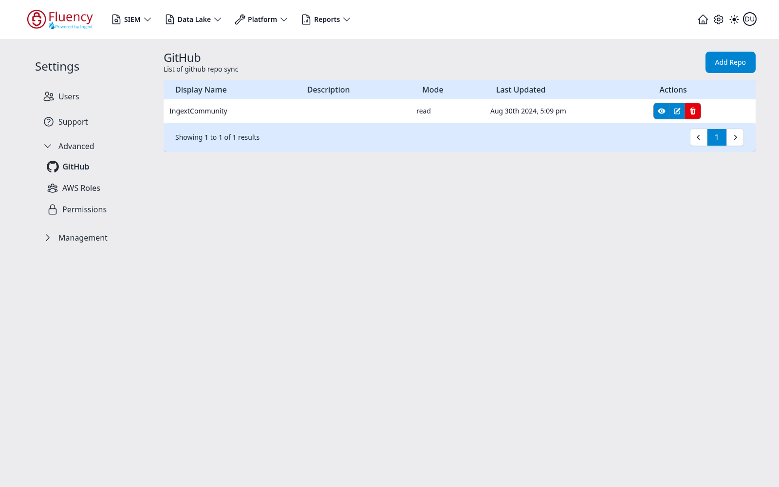Settings GitHub area listing one configured repository with its mode, last-updated time, and row action buttons