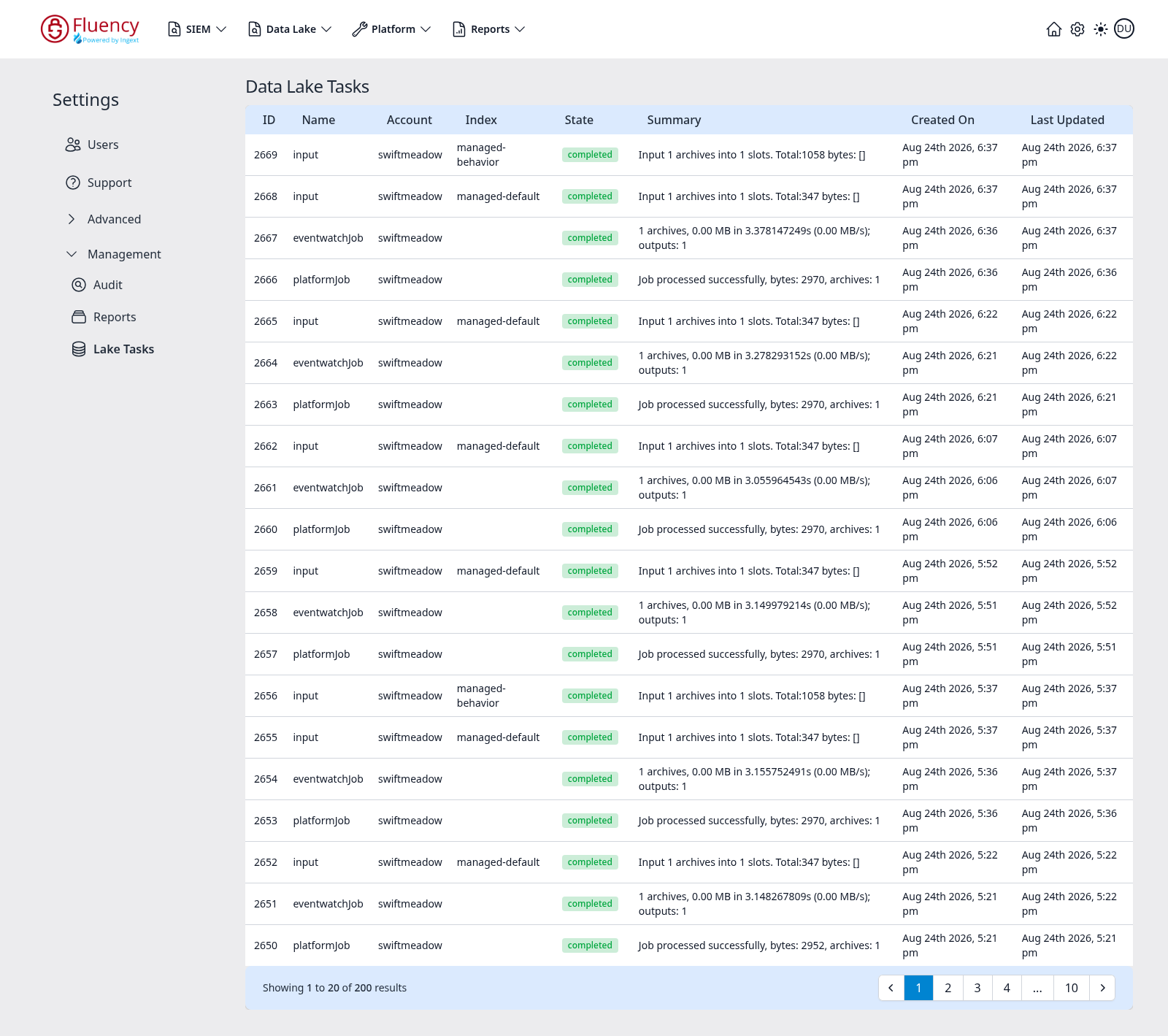 Settings Lake Tasks area showing the Data Lake Tasks table of completed input, eventwatchJob, and platformJob runs