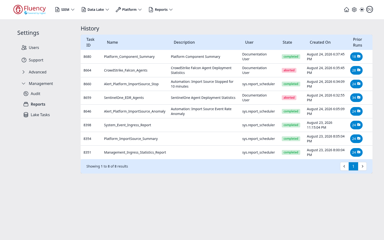 Settings Reports area showing the History table of report task runs with state chips and prior-run counts